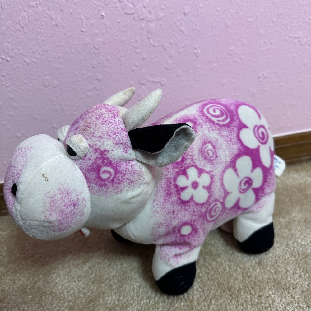 Carousel Toy Rare Vintage  Milking Cow Plush Pink Flower Design Sleepy Eyes HTF